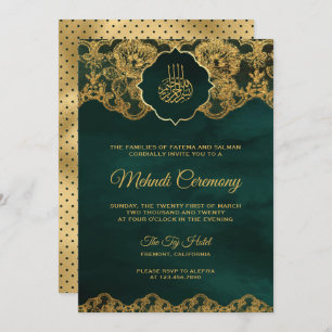 Invitación Mehndi islámico del Relieve metalizado dorado verd