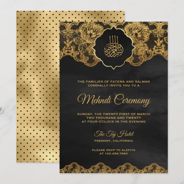 Invitación Mehndi islámico en el Relieve metalizado dorado gr (Anverso / Reverso)