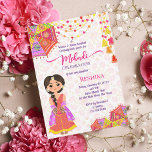 Invitación Mehndi lindo paraguas de novia de henna india rosa<br><div class="desc">Mehndi linda novia de henna india con paraguas rosados y amarillos y plantilla de invitación a borlas instantánea de descarga.</div>