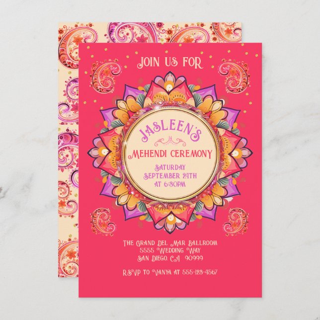 Invitación Mehndi Mandala Fiesta nocturno Oro rosado (Anverso / Reverso)