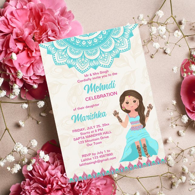 Invitación Mehndi mandala rosa y azul lindo chica indio (Subido por el creador)