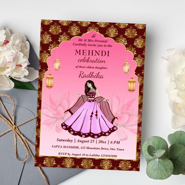 Invitación Mehndi maroon loto de oro rosa novia india (Mehndi maroon and gold pink dancing Indian bride invitation template lotus oriental pattern arch)