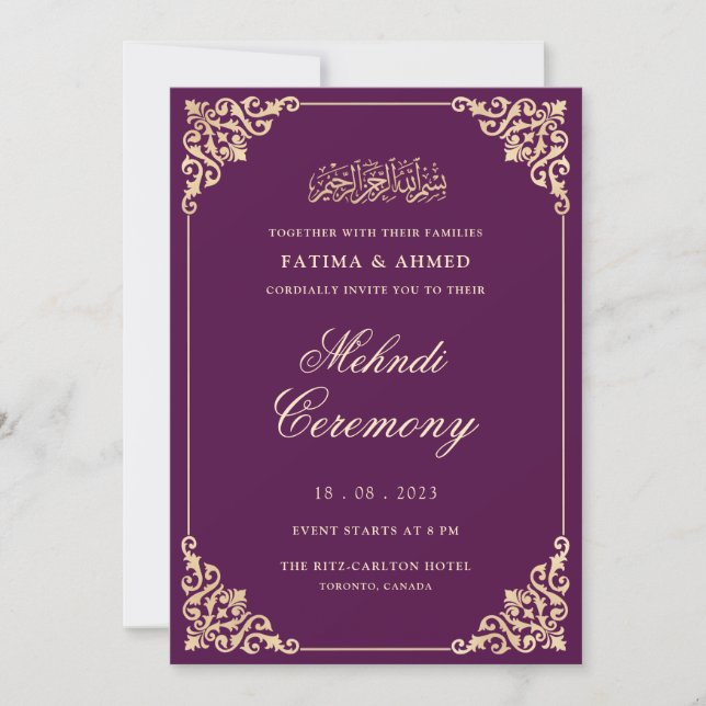 Invitación Mehndi Purple Gold Boda musulmana islámica (Anverso)