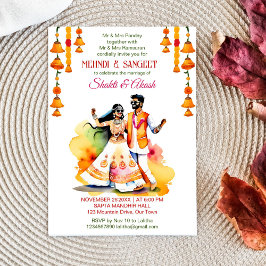 Invitación Mehndi Sangeet bailando pareja de novias indias mo