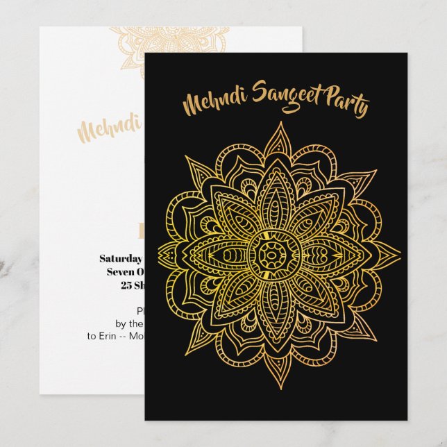 Invitación Mehndi Sangeet Black Gold Henna Fiesta (Anverso / Reverso)