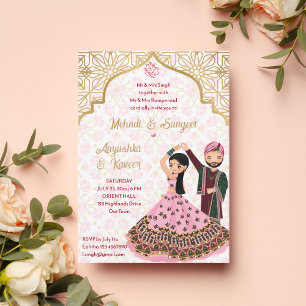 Invitación Mehndi sangeet boda hindú de oro rosa