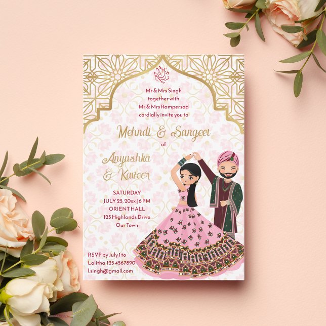 Invitación Mehndi sangeet boda hindú de oro rosa (Subido por el creador)