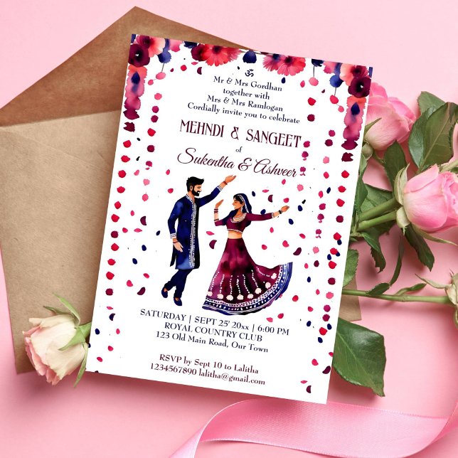 Invitación Mehndi Sangeet boda indio acuarela moderna (Mehndi and Sangeet Indian wedding dancing bridal couple template invitation instant download maroon)