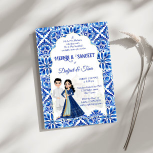 Invitación Mehndi Sangeet boda indio blanco azul lindo