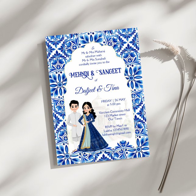 Invitación Mehndi Sangeet boda indio blanco azul lindo (Mehndi and Sangeet Indian wedding blue and white cute bridal couple cartoon Invitation template)