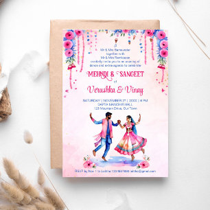 Invitación Mehndi Sangeet boda pareja de novias rosada