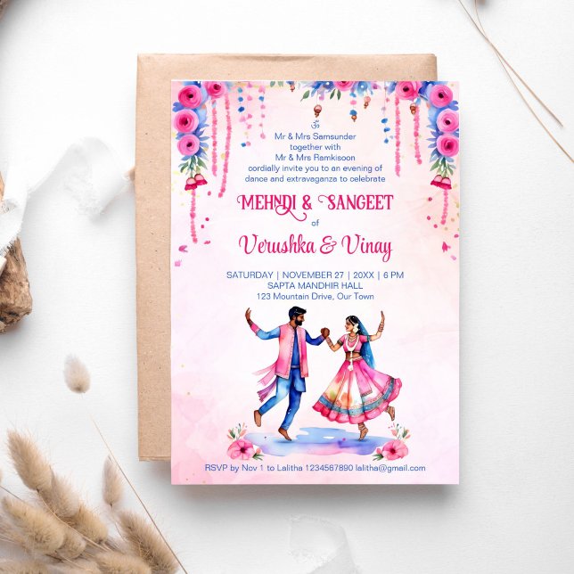 Invitación Mehndi Sangeet boda pareja de novias rosada (Mehndi sangeet pink blue dancing Indian wedding bridal couple editable template invitation digital)