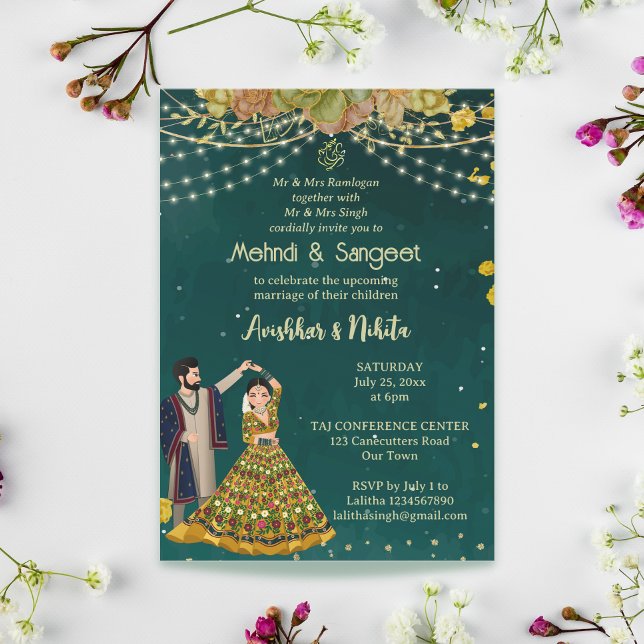 Invitación Mehndi sangeet green dance pareja de novias indias (Subido por el creador)