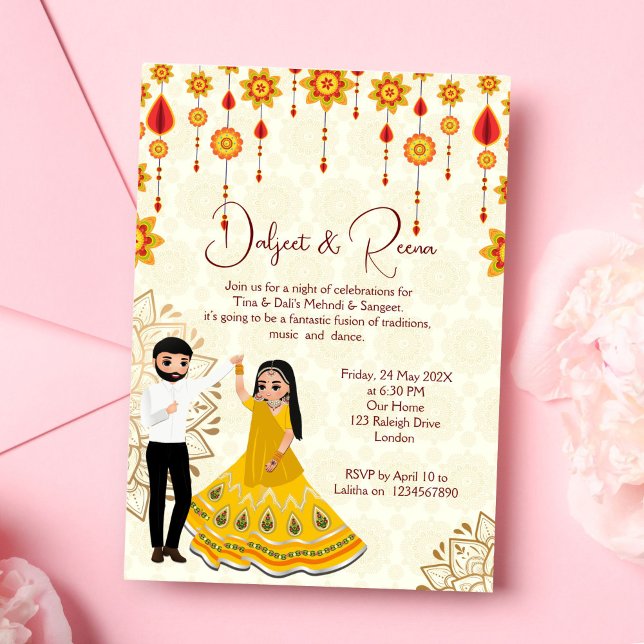 Invitación Mehndi sangeet invita a bailar una linda pareja in (Mehndi and sangeet invitation editable template digital  dancing cute Indian couple caricature )