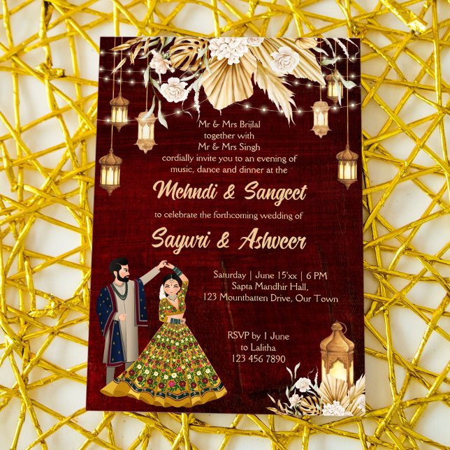 Invitación Mehndi Sangeet maroon (Subido por el creador)