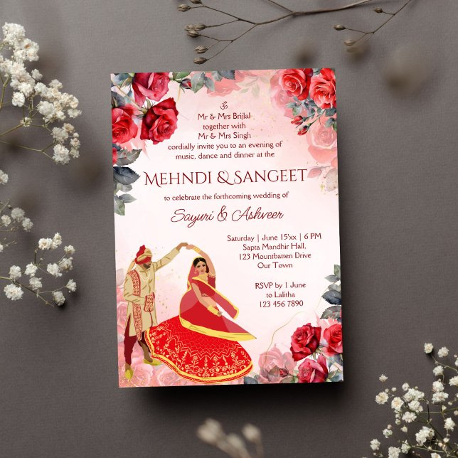 Invitación Mehndi Sangeet rojo rosa pareja de bailarines indi (Mehendi sangeet Indian wedding dancing Indian couple red roses invitation instant download)