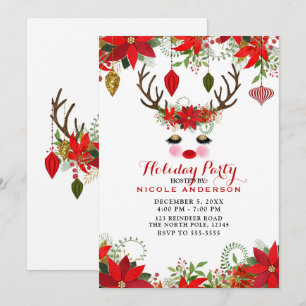Invitación Mejillas Rosadas Ojos Dorados Reno Floral Navideño