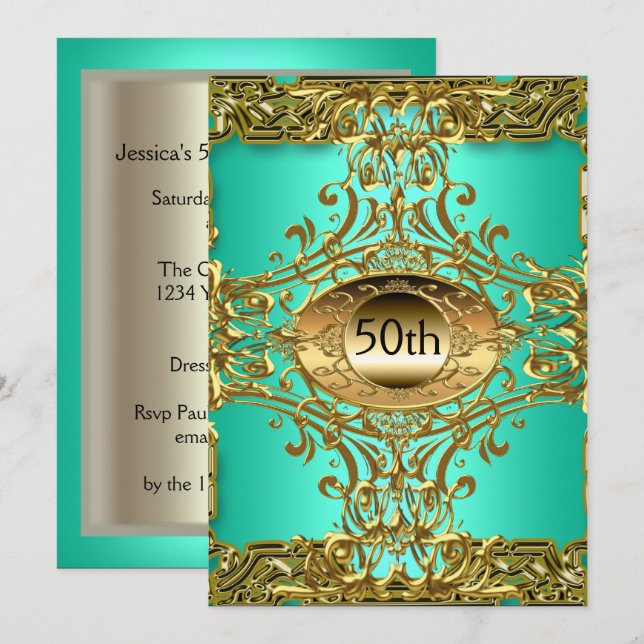 Invitación Mejor 50.ª Fiesta de Cumpleaños Verde azulado de O (Anverso / Reverso)