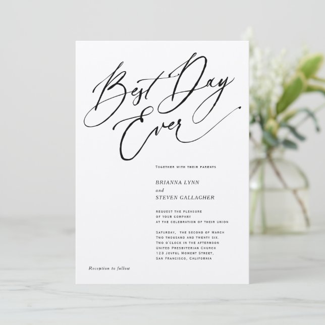 Invitación Mejor día de caligrafía moderna en blanco y negro (Anverso de pie)