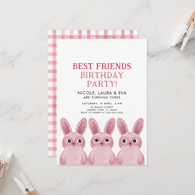 Invitación Mejor fiesta de cumpleaños de amigos con conejitos (Anverso/Reverso In Situ)