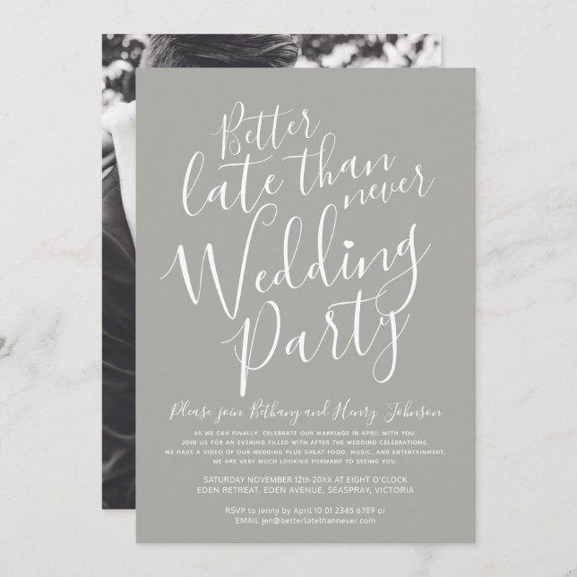 Invitación Mejor tarde que nunca fiesta de boda gris (Anverso / Reverso)