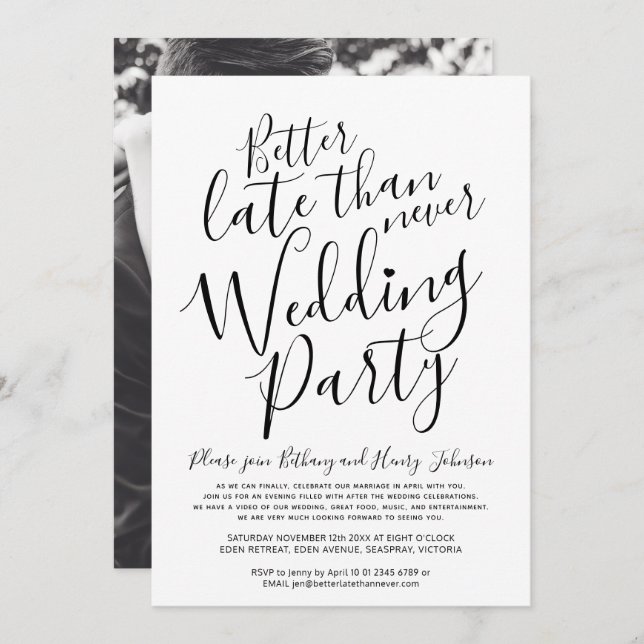 Invitación Mejor tarde que nunca fiesta de boda mono (Anverso / Reverso)
