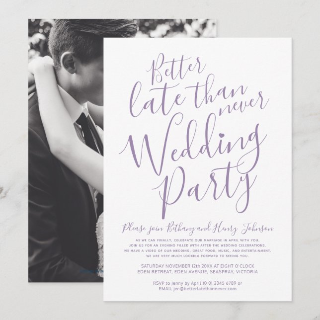 Invitación Mejor tarde que nunca fiesta de boda púrpura silen (Anverso / Reverso)