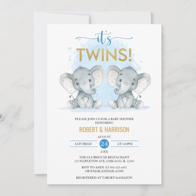 Invitación Melaza azul suave Twins Elephant Baby Shower (Anverso)