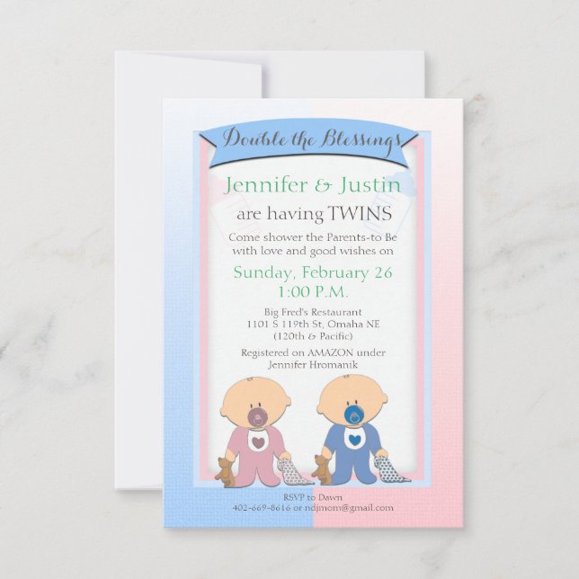 Invitación Mellizos Baby Shower Blue and Pink Blankets (Jen) (Anverso)