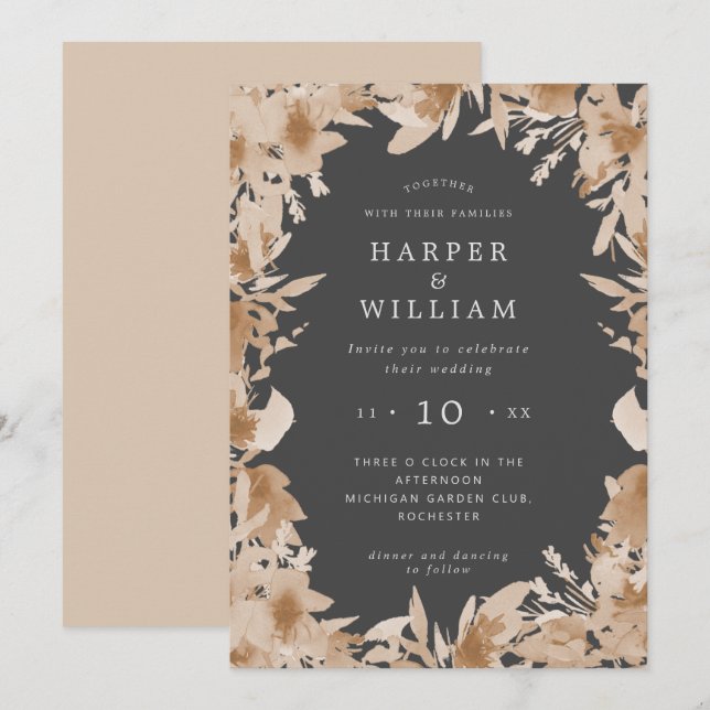 Invitación Melocotón/boho gris beige boda floral (Anverso / Reverso)