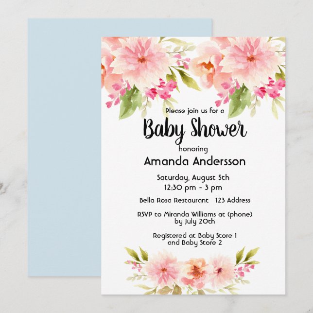 Invitación Melocotón de coral dahlia flores niño azul (Anverso / Reverso)