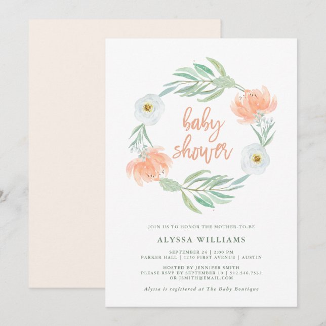 Invitación Melocotón delicado floral y eucalipto el | Baby (Anverso / Reverso)