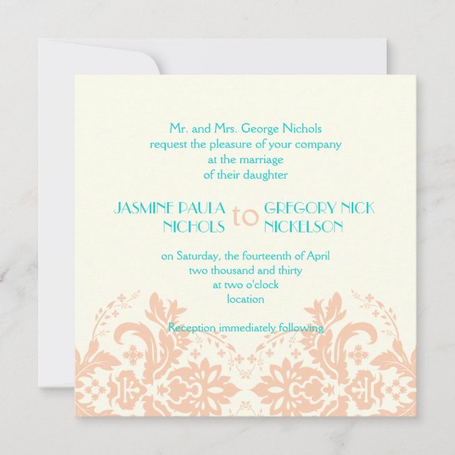 Invitación Melocotón elegante, aqua, boda de marfil (Anverso)