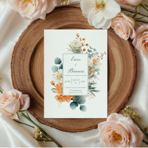 Invitación Melocotón Elegante Eucalipto Blanco Mancha Dorada