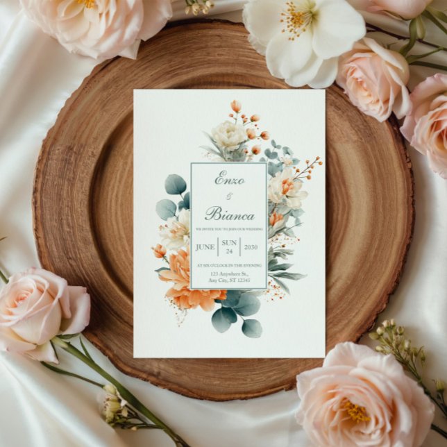 Invitación Melocotón Elegante Eucalipto Blanco Mancha Dorada (Subido por el creador)