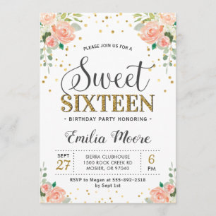 Invitación Melocotón Floral Dulce Dieciséis Chicas Cumpleaños