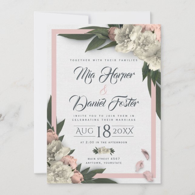 Invitación Melocotón romántico y melodías florales blancas (Anverso)