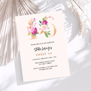 Invitación Melocotón rosa con números de flores oro Dulce 16