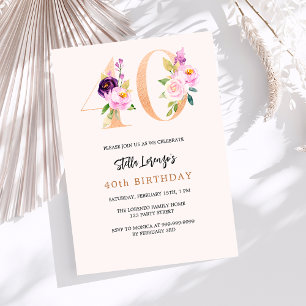 Invitación Melocotón rosa floral números oro 40 cumpleaños