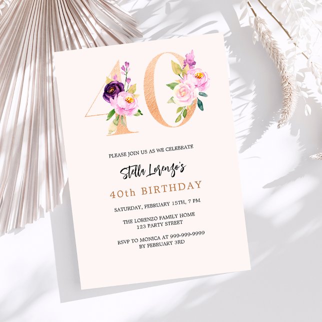 Invitación Melocotón rosa floral números oro 40 cumpleaños (Subido por el creador)