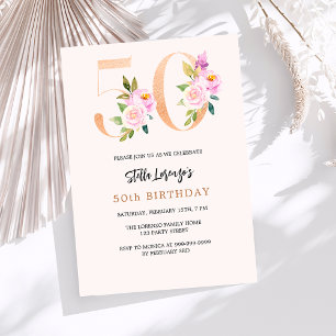 Invitación Melocotón rosa floral números oro 50 cumpleaños