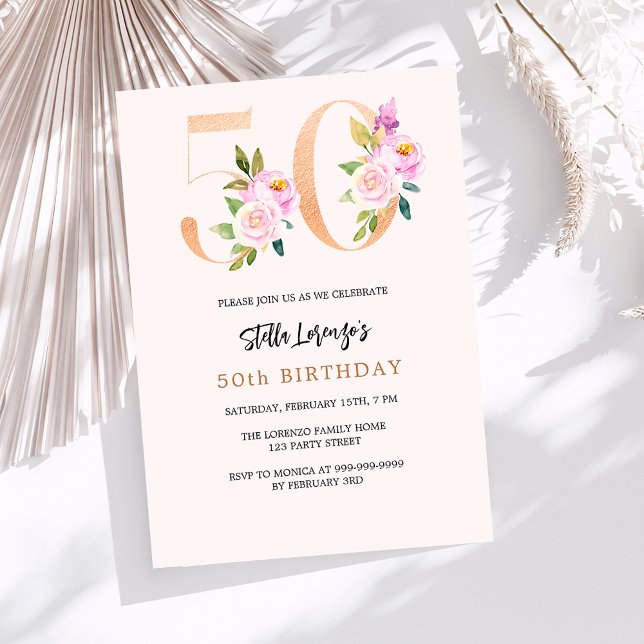 Invitación Melocotón rosa floral números oro 50 cumpleaños (Subido por el creador)