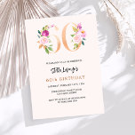 Invitación Melocotón rosa floral números oro 60 cumpleaños<br><div class="desc">Una invitación moderna,  elegante y glamurosa para una fiesta de cumpleaños número 60. Un fondo color melocotón. Decorado con números forales en falso oro y rosa. El nombre está escrito con una escritura de estilo con letras a mano moderna. Personalice y agregue los detalles de su fiesta.</div>