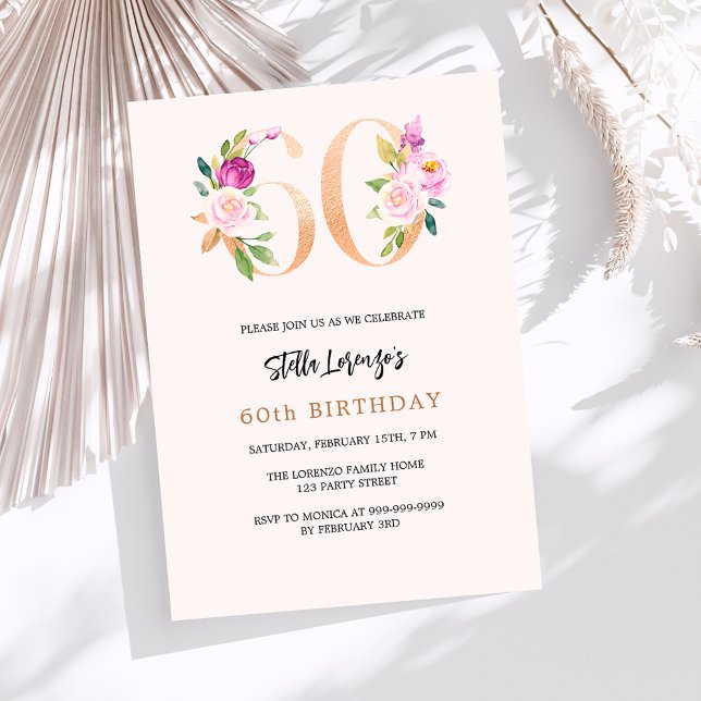 Invitación Melocotón rosa floral números oro 60 cumpleaños (Subido por el creador)