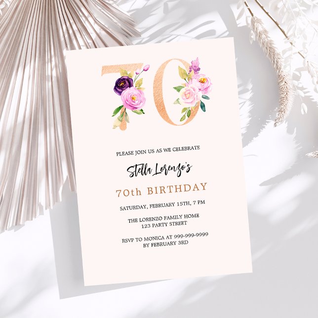 Invitación Melocotón rosa floral números oro 70 cumpleaños (Subido por el creador)