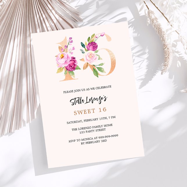 Invitación Melocotón rosa número de flores oro Dulce 16 (Subido por el creador)