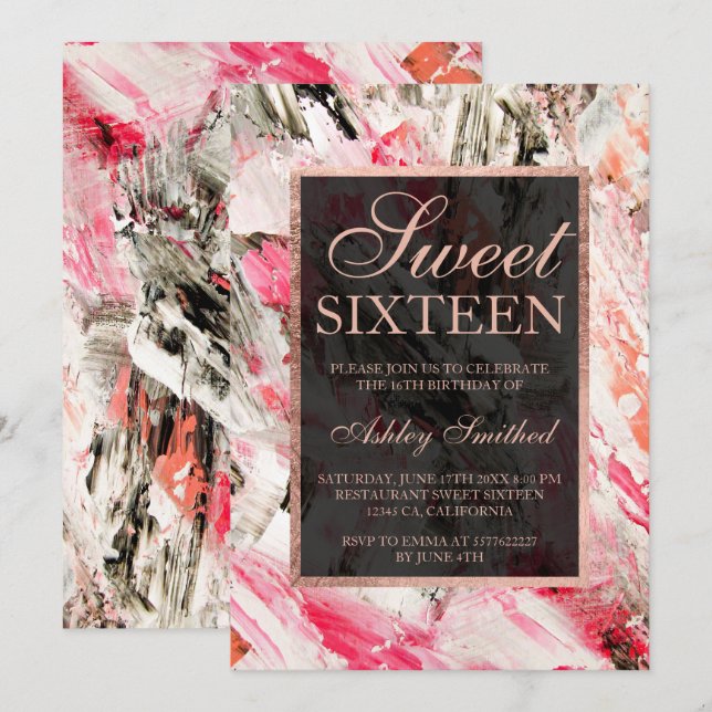Invitación Melocotón rosa rosa de oro pinceles acrílico Sweet (Anverso / Reverso)