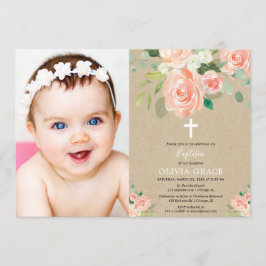 Invitación Melocotón rústico acuarela bautismo chica foto