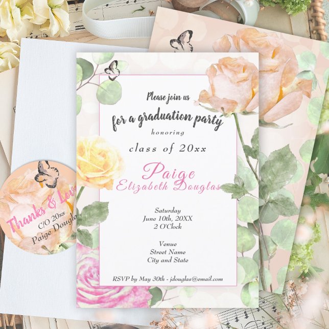 Invitación Melocotonería Botánica Vintage, Graduación Rosa (floral roses peach pink pastel girls graduation party invitation botanical girlie grad congrats)