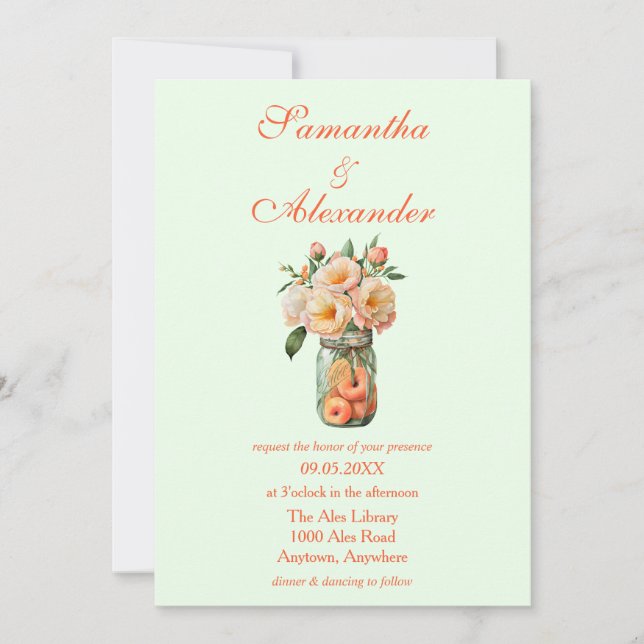 Invitación Melocotones en un Boda floral verde de Mason Jar (Anverso)